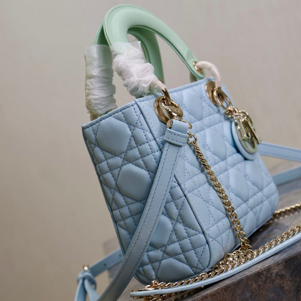 DIOR MINI LADY BAG 17 IN BABY BLUE QUILTED MACROCANNAGE CALFSKIN GREEN STRAP