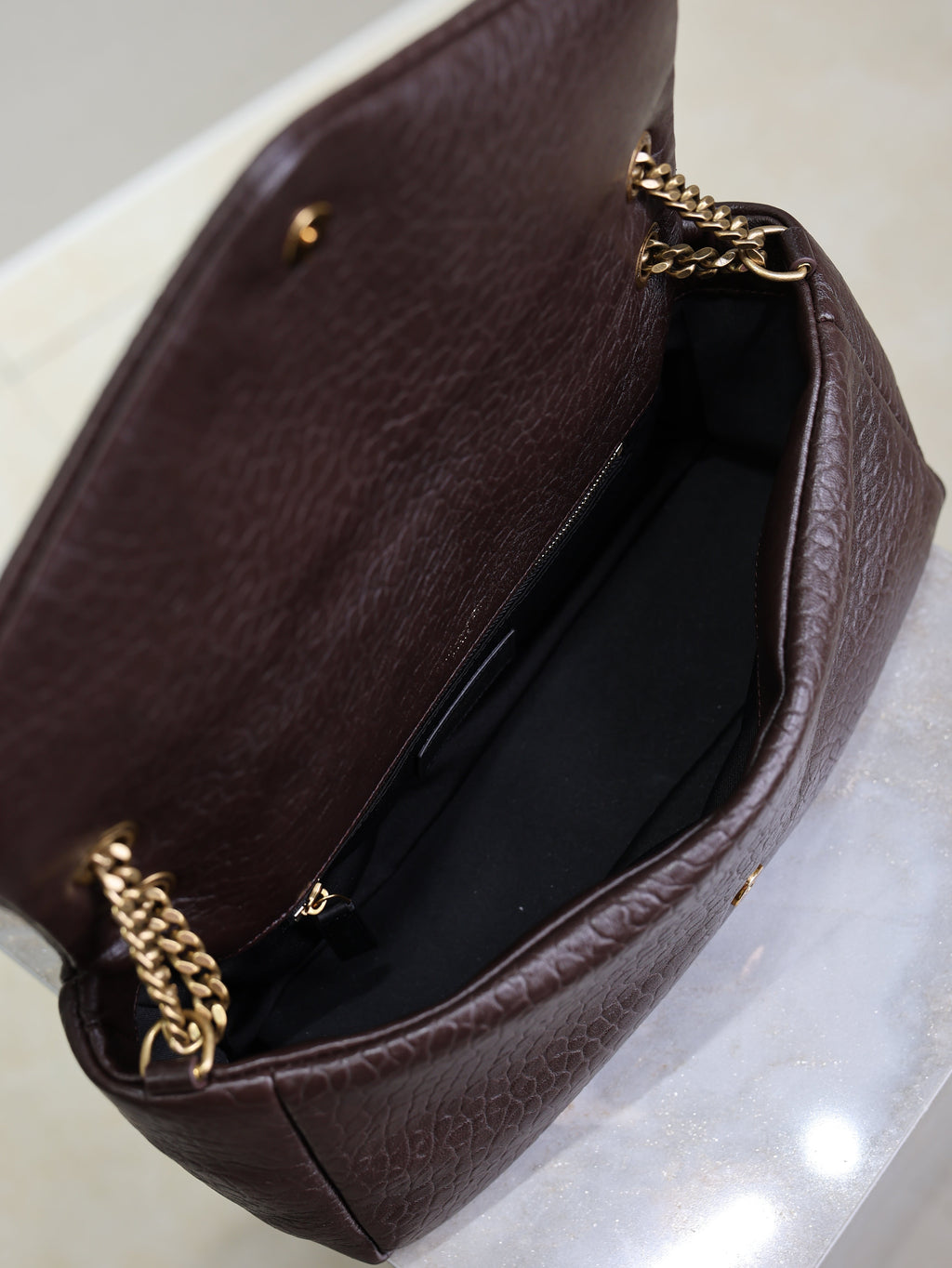 YSL 25S CALYPSO 30 IN DARK CHOCOLATE GRAINED CALFSKIN GOLD HARDWRE