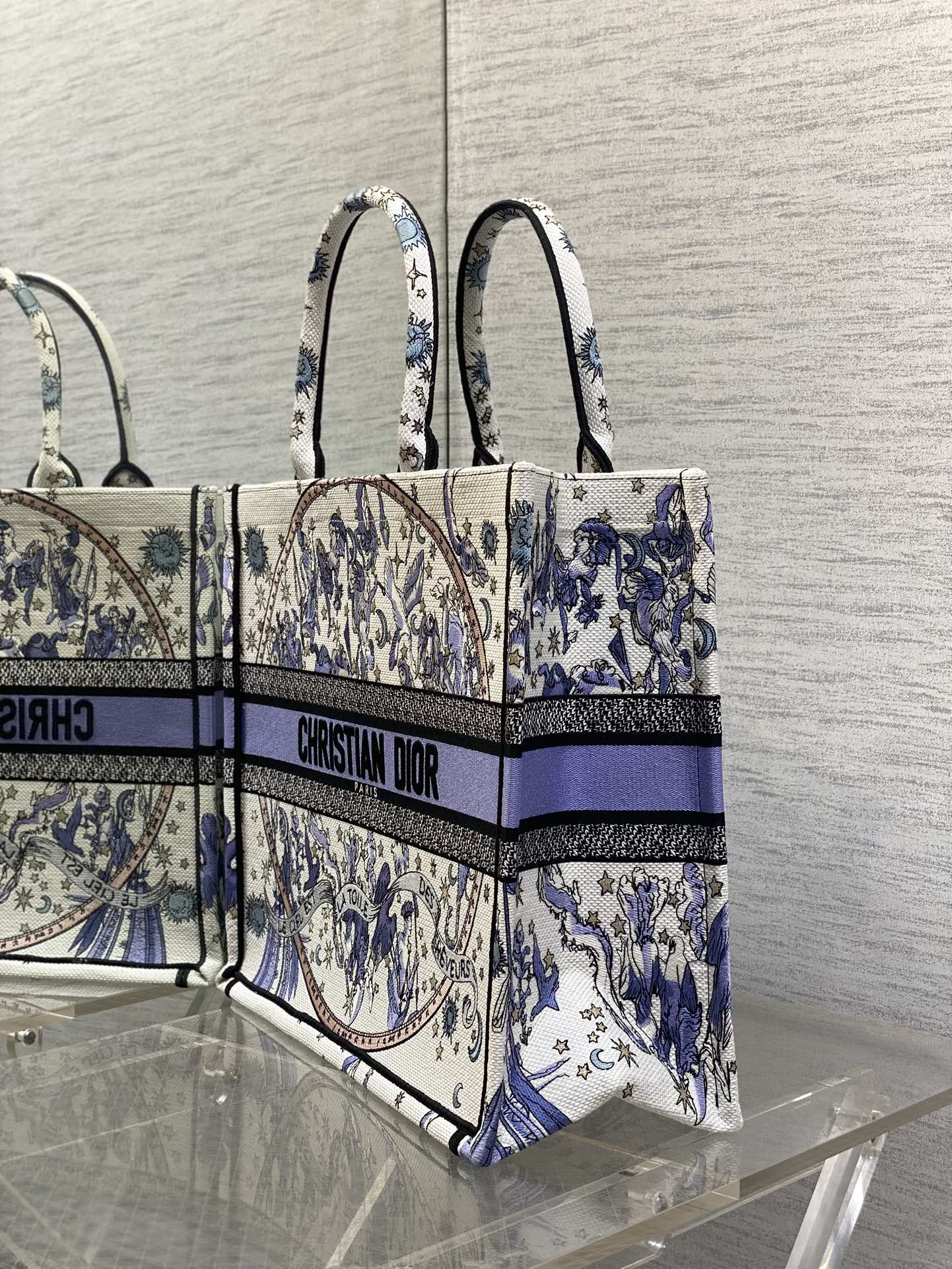 DIOR 25S LARGE BOOK TOTE 42 IN WHITE AND PURPLE DIOR NIGHT OF DREAMS EMBROIDERY