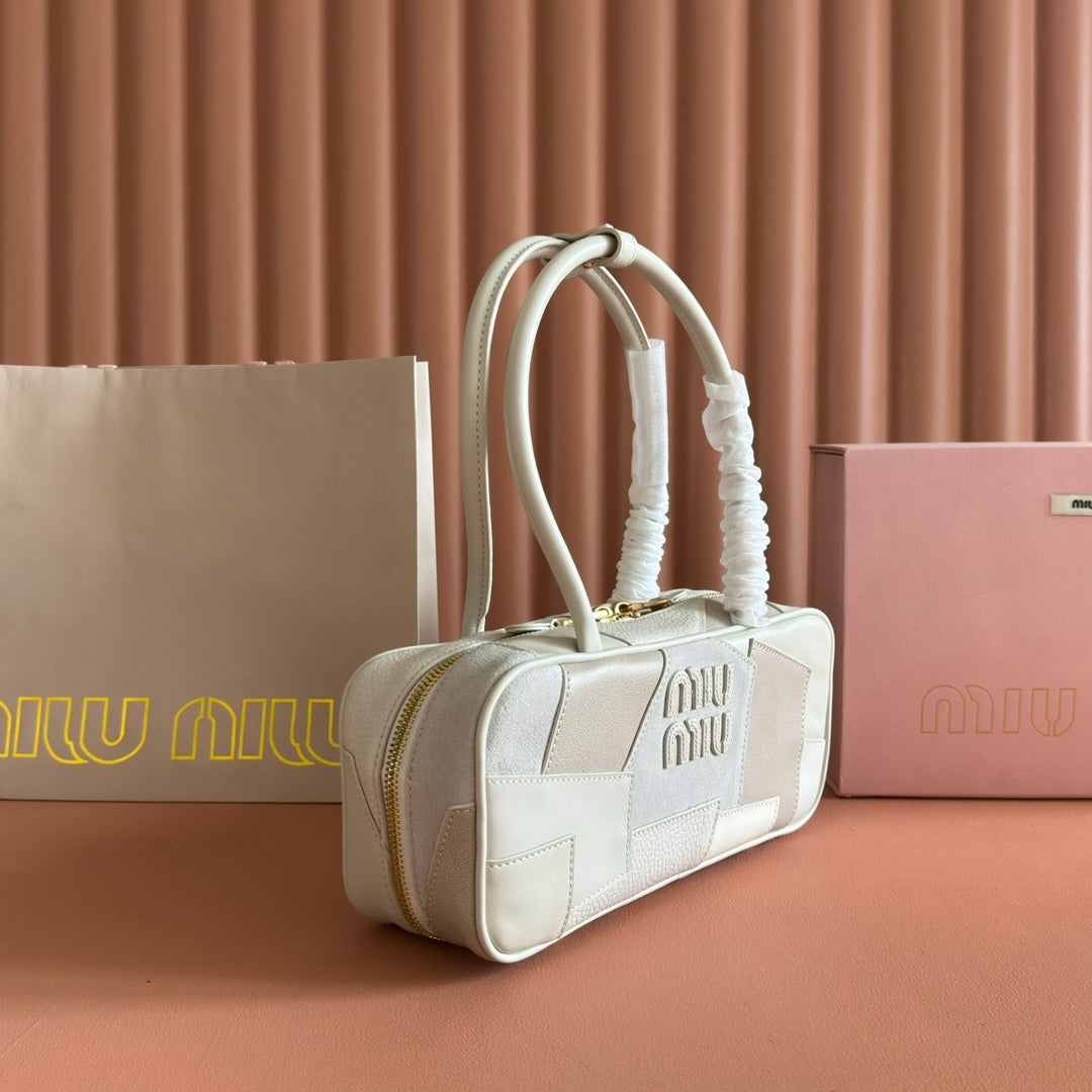 BEAU TOP HANDLE BAG 28 IN CHALK WHITE LEATHER PATCHWORK