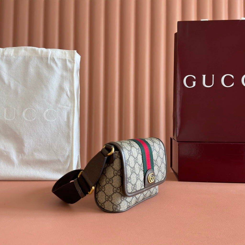 GUCCI 25S OPHIDIA BAG 18 IN BEIGE CANVAS AND BROWN CALFSKIN GOLD HARDWARE