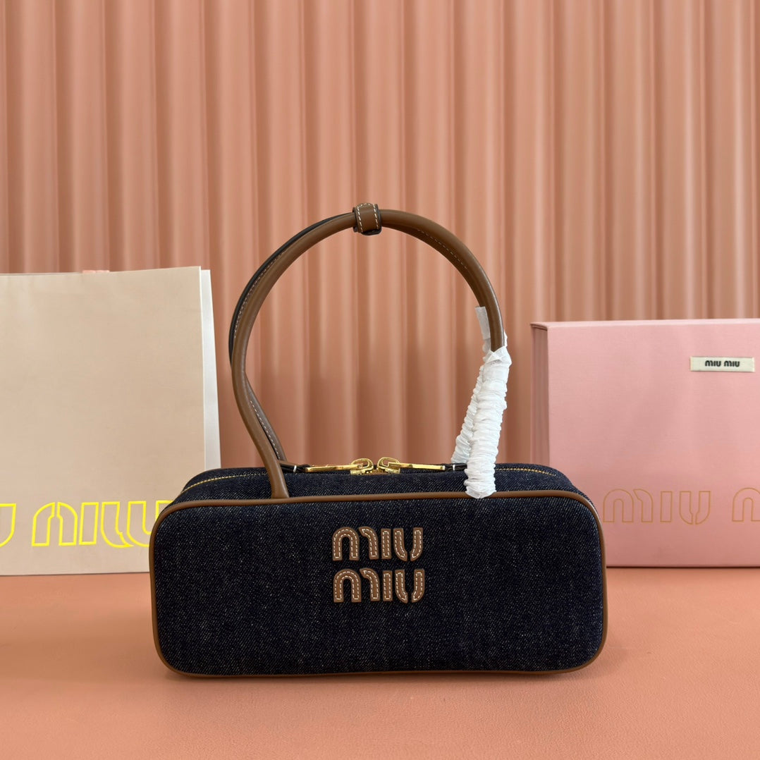 MIUMIU 25S BEAU DENIM BAG 28 IN DARK BLUE DENIM AND BROWN CALFSKIN
