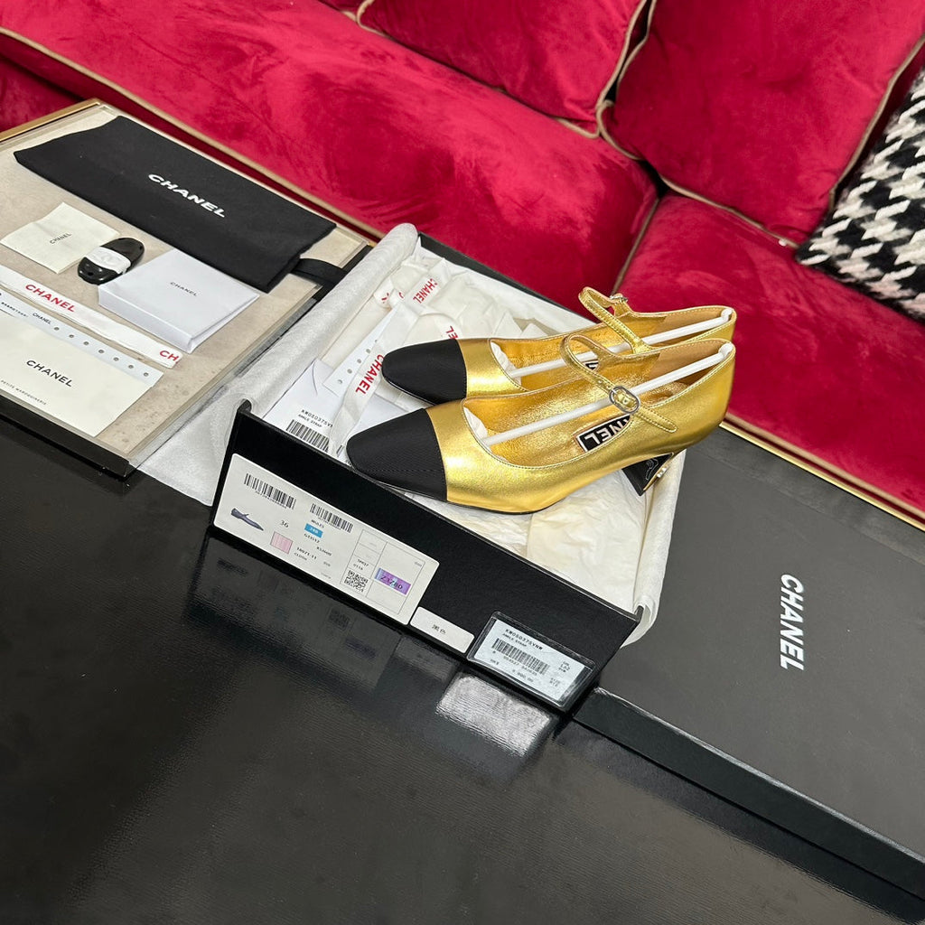 CHANEL HIGH MARY JANE IN GOLDEN CALFSKIN AND BLACK SATIN