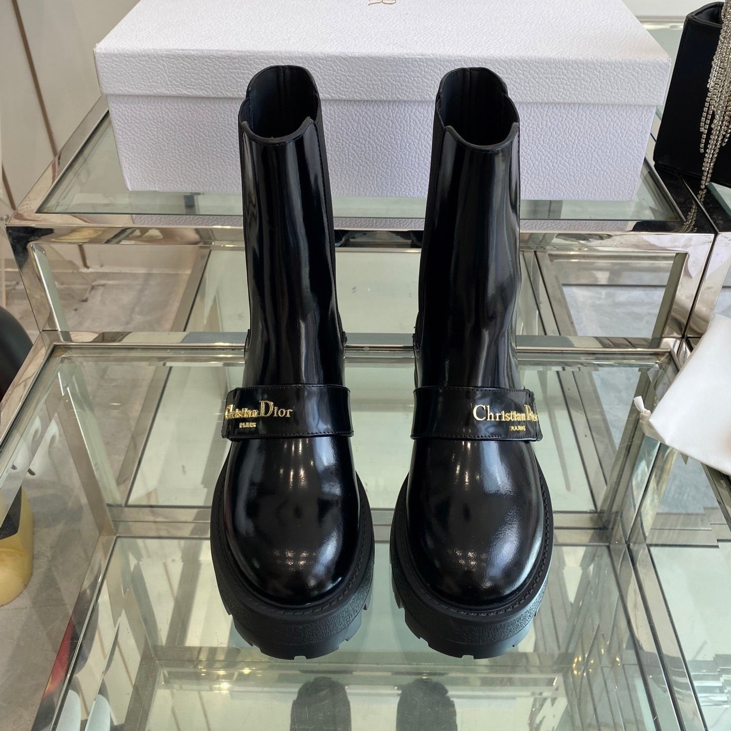 DIOR 25S D-QUEST ANKLE BOOT 35MM IN BLACK GLOSSY CALFSKIN GOLD HARDWARE