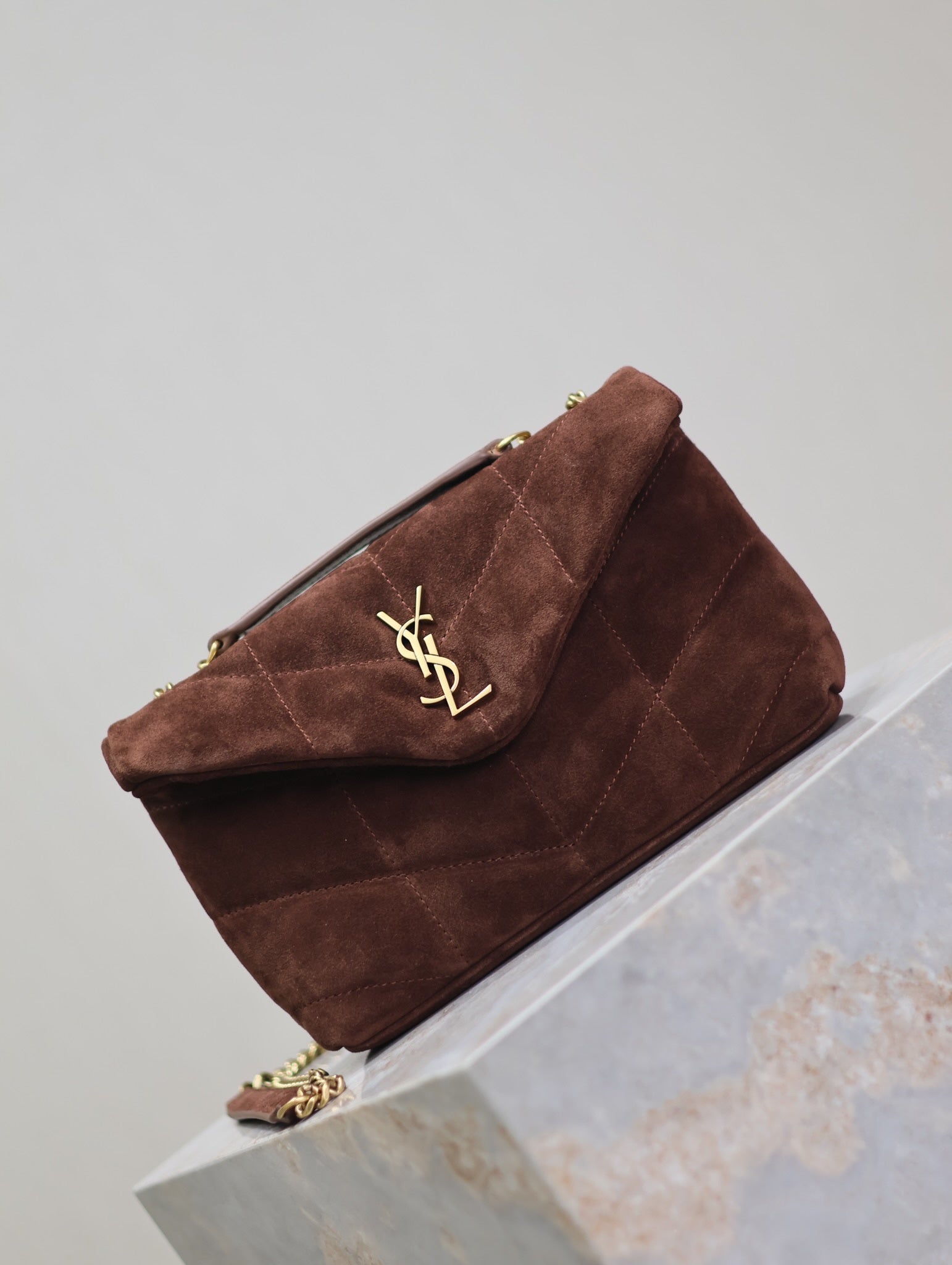 YSL 25S LOULOU PUFFER MINI 23 IN DARK BROWN SUEDE GOLD HARDWARE
